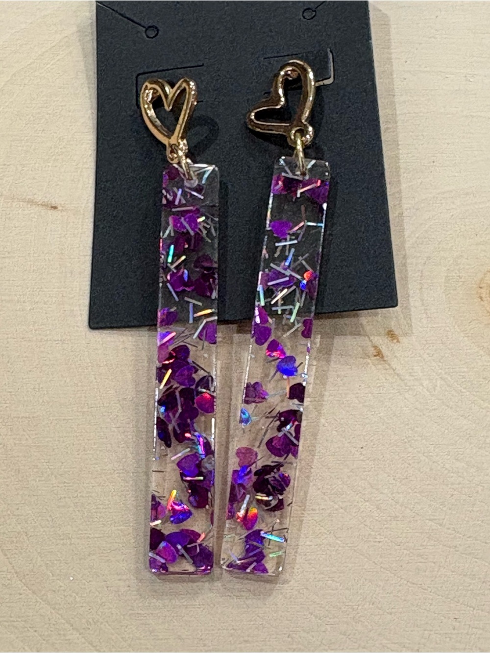 Clear with Purple Hearts acrylic with gold heart post dangle earrings New